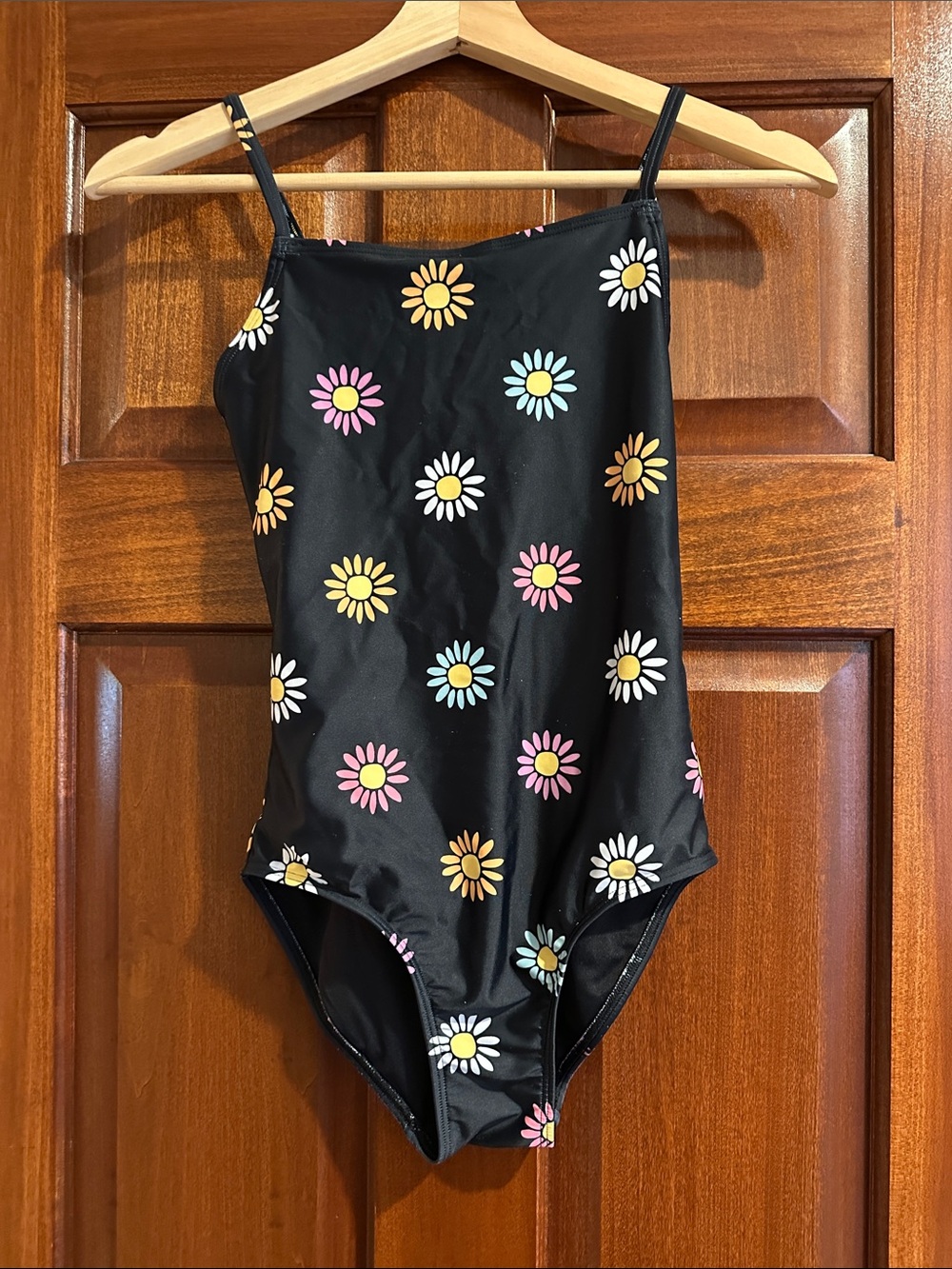 Old Navy Black Kids One-Piece Swimsuit with Multicolor Daisy Print Size L 10/12
